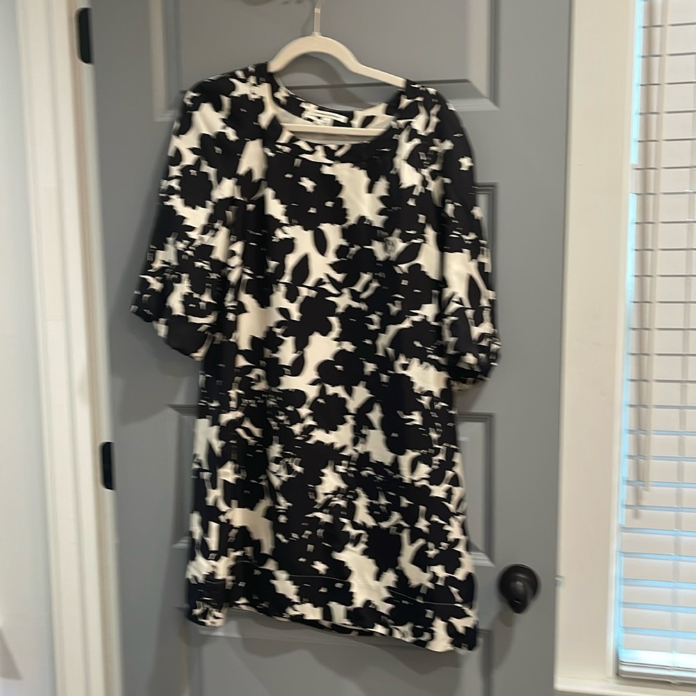 Silk black and cream floral mini dress with dramatic sleeves